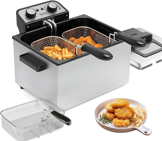 1800W 5 Liters 21 Cups Large Electric Deep Fryer With 3 Frying Baskets For Home Use, Adjustable Temperature,View Window Lid,Countertop Stainless Steel Body Deep Fryer Pot,Perfect For Kitchen, Fry Fish